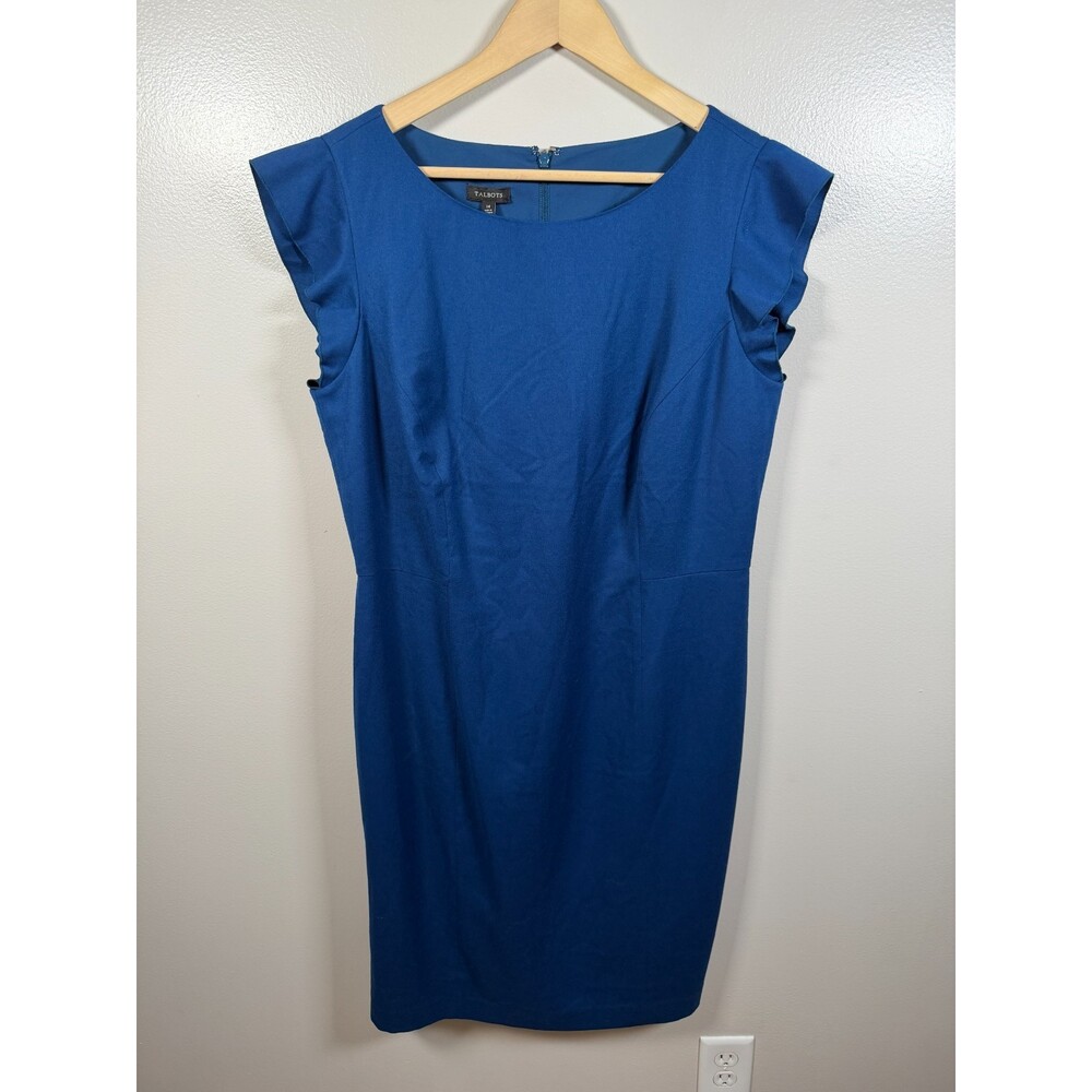 Talbots Italian Flannel Sheath Dress Size 14 Blue Wool Flutter Sleeve Career
